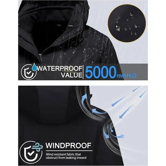 Women's Pure Black 3-in-1 Winter Waterproof Windproof Fleece Lined Winter Jacket